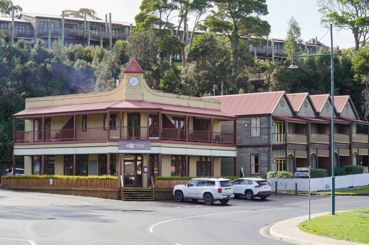 Picturesque historic building in Strahan, Tasmania, featuring unique architecture and scenic surroundings.